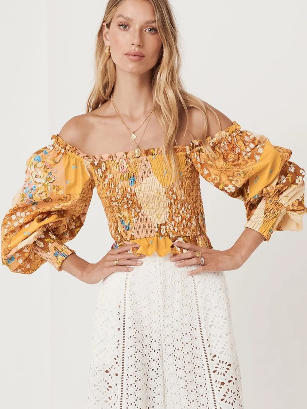 Spell & The Gypsy Freda Shirred Blouse Amber Patchwork Crop Top S